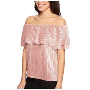 Sanctuary Celeste Velvet Off the Shoulder Pleated Blouse Blush Pink Womens S NWT